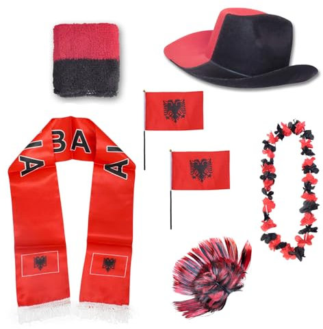 Sonia Originelli Fanset Fanartikel Fanhut Blumenkette Fanschal Schweißband Fähnchen Perücke WM EM Farbe: Albanien Irokese