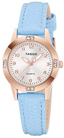 TASGO Damen-Armbanduhr aus Leder, Quarzuhr, leicht ablesbar, mit Diamanten, leuchtend, wasserdicht, modische Armbanduhr für Damen und Mädchen, Rose Blue, Armband
