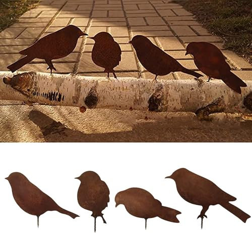LATRAT Rostiges Vögel Deko Rost, Rostiges Vögel mit Schraube zum Eindrehen in Holz, 4 Edelrost Vögel Gartenstecker Rost Rostige Gartendeko