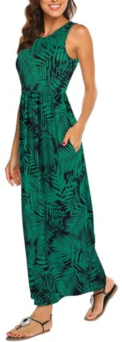 BDTECAOR Maxiklänning damer sommar boho ärmlös strandklänningar ledig lång tank klänning med fickor, Bladgrön, XL