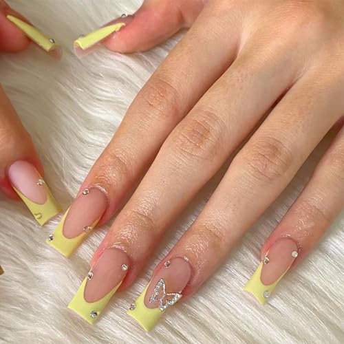 Kotkiddy Lot de 24 faux ongles longs à presser - Noir - French manucure - Papillon - Rhinestone - Couverture complète - Ongles cercueil - Avec brillant (jaune)