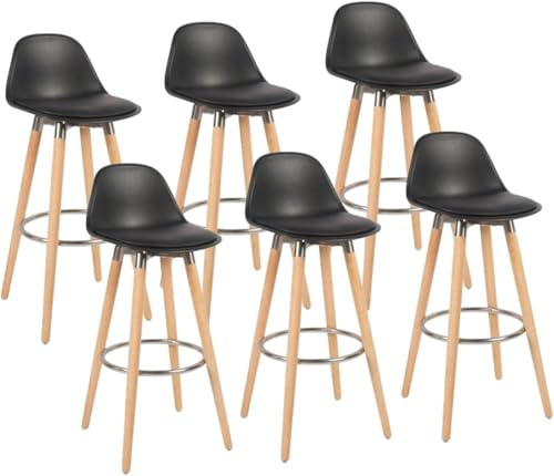 Box and beyond - Lot de 6 Tabourets de Bar - Hauteur 91 cm - Bois, Métal et Plastique Noir - Repose-Pieds - Cuisine, Salon, Salle à Manger, Ilot de Cuisine, Bar - Style Moderne et Contemporain