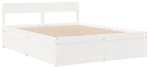 vidaXL Massivholzbett, Holzbett Bett mit Schubladen Kopfteil, Bettgestell Bettrahmen mit Lattenrost, Doppelbett für Schlafzimmer, Weiß 150x200cm Kiefer