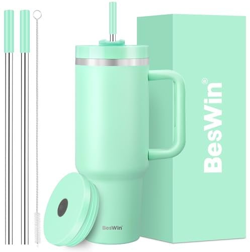 40 oz Tumbler with Handle and Straw, 2 Lids (2 in 1 & Leakproof Lid) - Vacuum Insulated Stainless Steel Double Wall Water Bottle Travel Mug - Holiday Gifts for Women Men - Mint Green