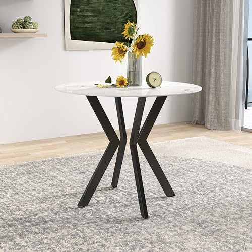 GOLDFAN Esstisch Rund Glas in Marmoroptik Küchentisch Glastisch Moderner Tisch Wohnzimmertisch mit Stahlbeinen Schwarz 80cm