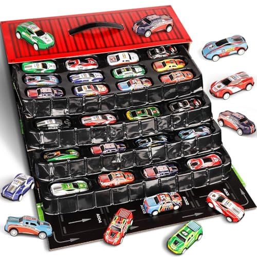 Varrotoy 48 Pieces Metal Pull Back Cars Toy,Mini Racing Vehicles for Kids,Storage Container Truck Toy with Track Maps for Boys and Girls 3+ Years Old