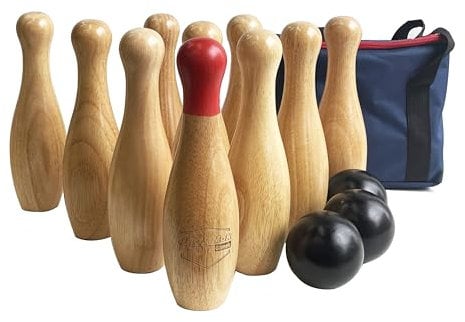 Jac & Mok Bowling Set aus Holz, Kegelspiele, Werfen Spiel Outdoor
