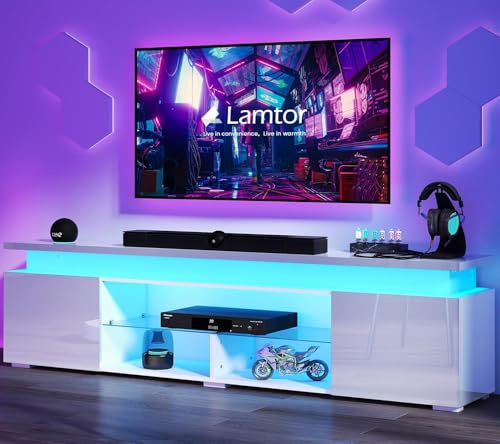 Lamtor LED TV-Stand with Power Outlet - Modern TV Stand for 85 75 65inch Televisions, Entertainment Center with Dynamic LED Lights & High Gloss, TV Midea Console for Living Room, White