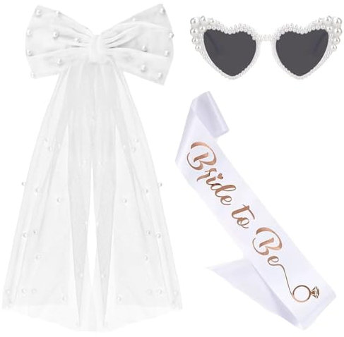 MOSIERRY Herz Sonnenbrille Weiß mit Schleier Braut Hochzeit Sonnenbrille Herzform Herzbrille Weiss JGA Accessoires Frauen