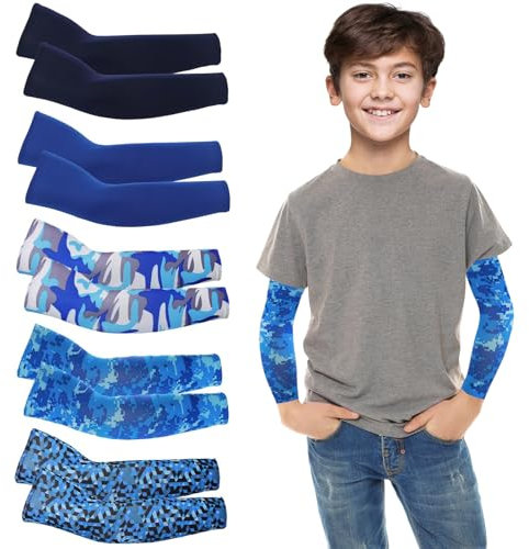 YEAMLTE Mangas de Brazo para Niños, 5 PCS Mangas para Brazos Protección Sol, Manga Protectora UV, Manguitos Voleibol, para Niños y Adolescentes Manguitos Ciclismo (azul, 3-7 años)