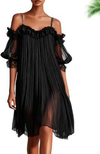 Robe courte noire en mousseline à épaules dénudées et bordure en dentelle | Robe de soirée transparente à fines bretelles