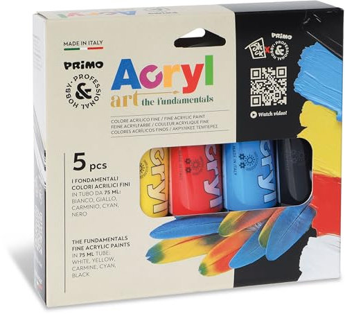 PRIMO Hobby & Professional - Acrylfarben für Künstler ab 14 Jahren, 5 Tuben 75 ml, Permanente, Matte und Abdeckende Textilfarben, Acryllack für Schreibwaren, Kreative Arbeiten und Malerei