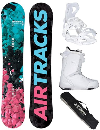Airtracks Damen Snowboard Set Polygonal Hybrid Rocker + Bindung + Boots | Komplettset: Polygonal Hybrid Rocker Board, Bindung Master W, Boots und Snowboard Bag – All Mountain, Freestyle, Freeride