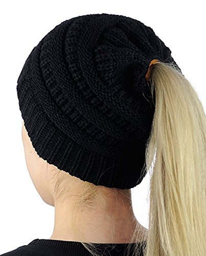 Malaxlx Damen Mädchen Gestrickt Verdicken Hut mit Zöpfen Loch Loop Strickmütze Wintermütze