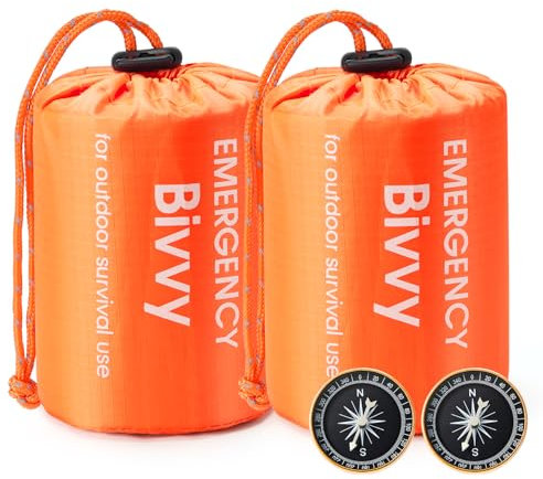 Esky Biwaksack, 2 Stück Notfall Schlafsack Biwaksäcke Wasserdicht Thermo Leicht Wasserdicht Überlebenssack Mit Pfeife und Kompass Ausrüstung Survival Ideal zum Zelten Wandern und Abenteuer Orange