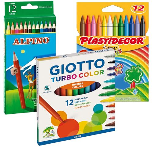 Pack de caja 12 Ceras Plastidecor / 12 Lapices Alpino / 12 Rotuladores Giotto