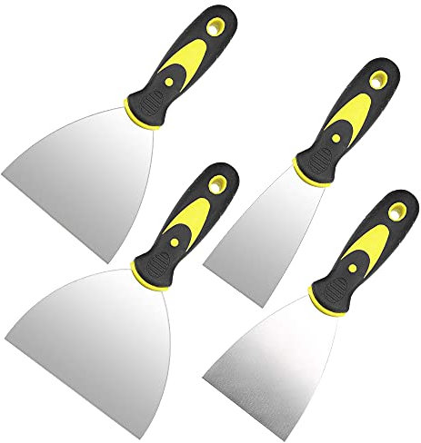 CODIRATO 4 PCS Espátulas de Acero Inoxidable Espátula Escayola y Masilla Espatula Rascador Multiusos Espátula Pladur con Mango de Plástico para Eliminación de Pintura de Decoración de Bricolaje