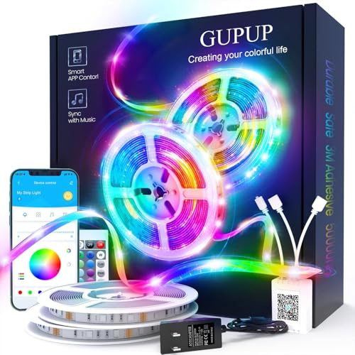 Gupup 30 m lange LED-Lichtleiste, LED-Lichter für Schlafzimmer, Lichtleiste mit Farbwechsel synchron zu Musik, smarte Lichter mit Steuerung über Bluetooth-App und IR-Fernbedienung
