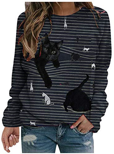 Yowablo Pullover Blouses Tops Women O-Neck Landscape Butterfly Print Long Sleeve - Multicolour - XX-Small