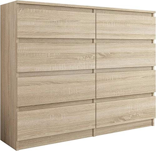 Framire R-140-S8 Kommode in Sonoma Eiche, Kommode mit 8 Schubladen, Schrank für Schlafzimmer, Wohnzimmer, Bad, 140 x 98 x 40 cm