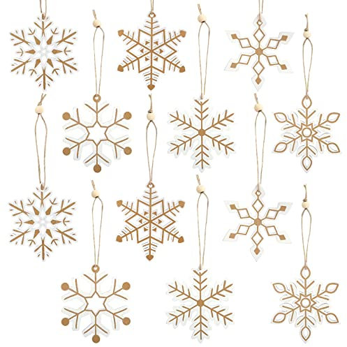 LIHAO Holz Schneeflocken 24 Stück Weihnachten Deko Holz Schneeflocke Anhänger Weihnachten Holzanhänger Weihnachtsbaumschmuck Weihnachtsanhänge für Advent Weihnachtsbaum