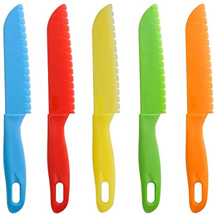 Lahviuu Safety Knife, 5 Pcs Plastic Safe Knives for Chopping, Colorful Serrated Kitchen Knife Chef Knife Chefs Knives, for Vegetable Fruit Tomato and Cake (5 Colors) (Bright Color)