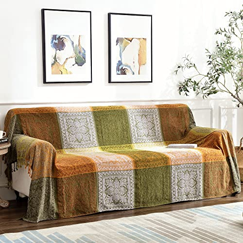 Edcooy Überwürfe für Sofas, große, bunte Chenille-Quasten, gewebte Hippie-Überwurfdecken für Couch, Bett, Sofa, böhmische Fransen, Quasten, Dekoration für Zuhause (grün, groß, 220 x 260 cm)