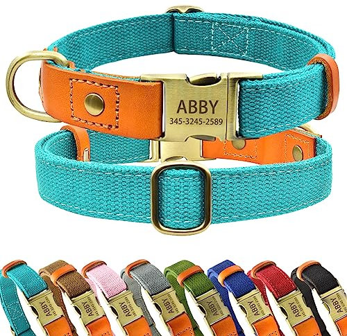 Personalisierte Hundehalsbänder mit Eingravierter Schnalle für Kleine Mittlere Große Hunde, Benutzerdefinierte Nylon & Echtes Leder Nähen Hundehalsband mit Namen