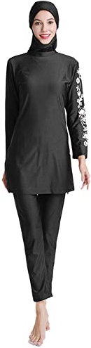 IMEKIS Muslimische Bademode für Frauen 3tlg Islamischer Arabischer Burkini Kopftuch Bescheidener Badeanzug Langarm Blumen Schwimmoberteil mit Hose Hijab Ganzkörper Schwimmanzug Schwarz 1 L