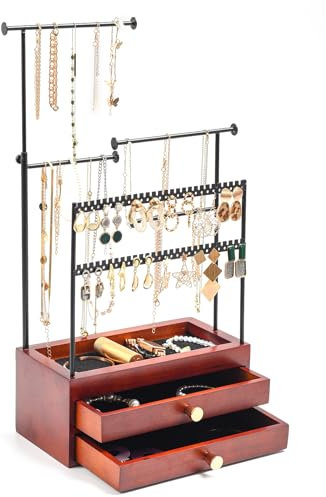 ProCase Jewellery Holder Organiser Stand, 5 Tiers Height Adjustable Necklace Holder Wood Jewelry Box with 2 Drawers, Jewelery Tower Earring Storage Rack for Necklaces Earrings Bracelets Rings- Black