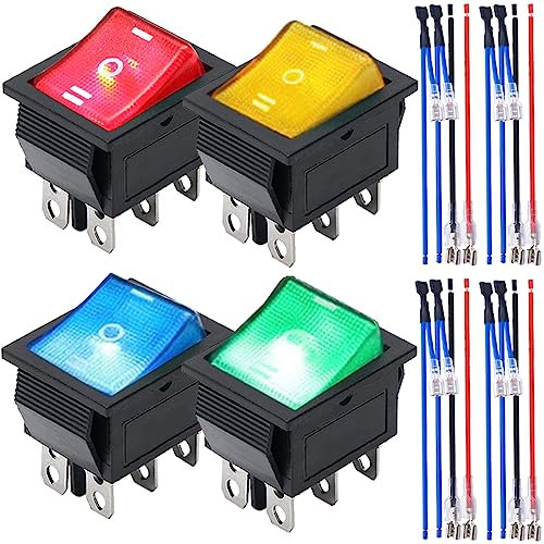 MKBKLLJY 4St. Wippschalter 6Pins 3Position ON/Off/ON 16A 12V24V DC DPDT Rot/Gelb/Bulle/Grün LED Licht Boot KCD4 Wippschalter Toggle KCD2-203N mit Jumper Terminal Drähte