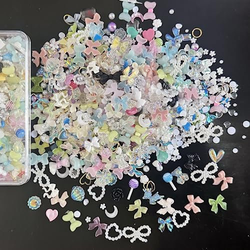 Nail Art Dekoration, 400 Stück Multi Shapes Heart Bowknot Pearls Nail Decorations, Aurora Flatback Bear Butterfly Nail Gems for Manicure DIY Crafts Jewelry Accessories (Mix-D)