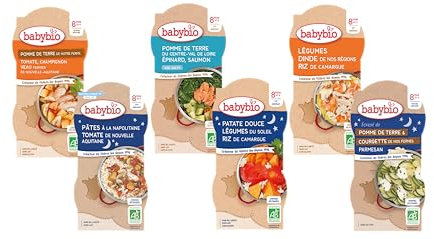 BABYBIO - 12 petits plats pour bébé - Repas midi et soir - Dès 8 Mois - 6 recettes - BIO - 12 x 200g