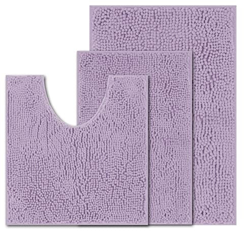 UHOUSEST Bath Mat Set of 3, Non Slip Chenille Bath Mat Set, Extra Soft With Water Absorbent Pedestal Bathmat and U Shape Bathroom Toilet Rug, Machine Washable, Purple