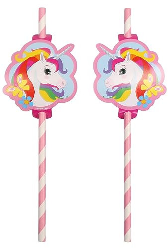 Amscan 9908224 - Paquet de 8 pailles en papier licorne, vaisselle de fête d'anniversaire pour enfants, 19,7 cm