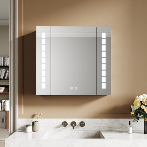 SIRHONA Armoire de Salle de Bain avec Miroir et LED éclairage 65x60cm, Murale Meuble Pharmacie avec Prise et Étagère Réglable, Armoire de Toilette Anti-buée, 3 Températures de Couleur