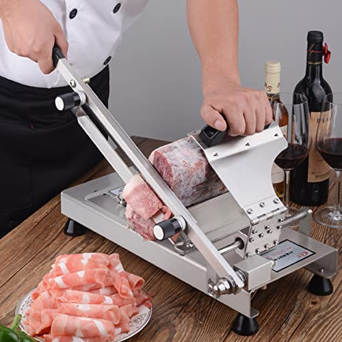 Stainless Steel Food Slicer,Manual Frozen Meat Slicer Beef and Mutton Roll Meat Cleavers Machine,0.2-20MM Adjustable with 11.81 Inch Knife for Home Cooking of BBQ Hot Pot