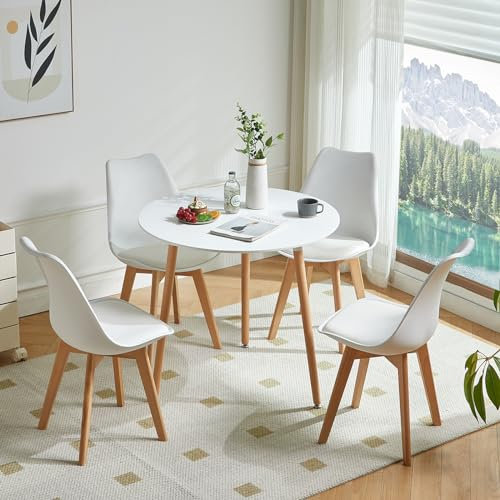 LafeuR Juego de 4 Sillas de Comedor Con Mesa Redonda Para Balcón, Cocina y Salón (Mesa Blanca + 4 Sillas Blancas)