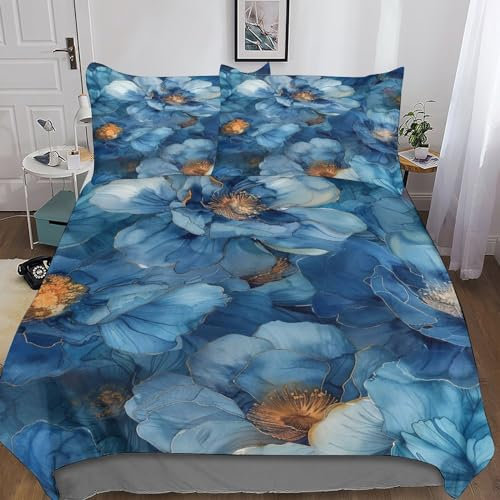 Peonías de Tinta Azul Ropa De Cama 3D Funda Nórdica Funda De Almohada Impresión Moda Bedding para Niño Adolescentes Chico King（220x240cm）