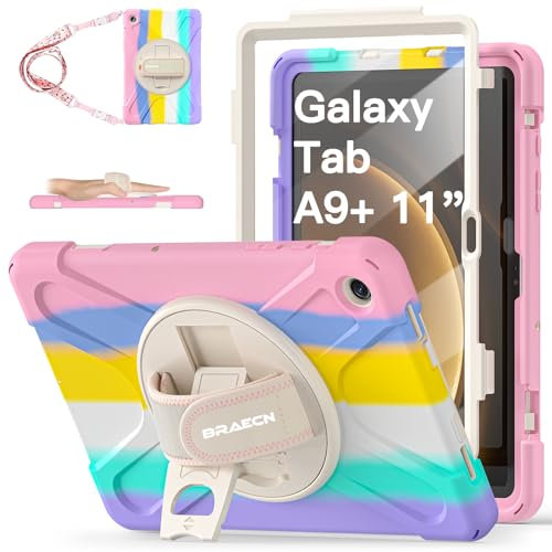 BRAECN Case for Samsung Galaxy Tab A9+ 11 Inch (SM-X210/SM-X216/SM-X218), Heavy Duty Shockproof Sturdy Cover with Screen Protector, 360° Rotating Hand Strap & Kickstand, Shoulder Strap, Multicolor