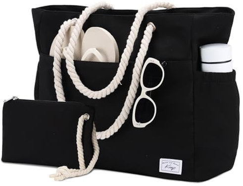 Kasgo Strandtasche XXL Familie Damen groß Wasserdichte Badetasche mit Reißverschluss Leichte Beach Bag Faltbare Shopper Tote Bag für Strand Schwimmbad Fitnessstudio Reisen Schwarz