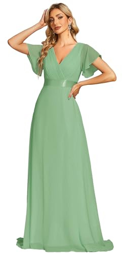 Ever-Pretty Women's Double V-Neck Short Flutter Sleeves Empire Waist Elegant Chiffon Long Evening Dresses Sage Green 14UK