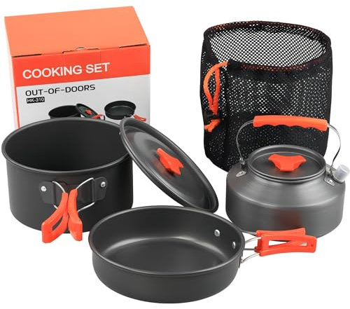 Hoquare Camping Cookware Set, 3pcs Nonstick Outdoor Aluminum Lightweight Camping Pan, Camping Pot, Portable 2-3 People Camping Cooking Kit for Travel, Camping, Hiking, Picnic, BBQ