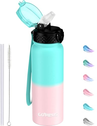 GOPPUS 600ml/20oz Stainless Water Bottle with Straw Double Wall Insulated Bottles with Strap One Hand Open Vacuum Thermal Flask with Flip Top Lid Leakproof Keep Cold Drinks BPA Free