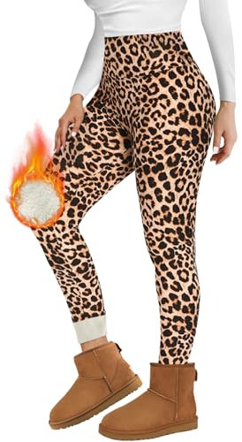 Missluck Thermo Leggings Damen Gefüttert Thermoleggings Verdickte Plüsch Thermohose Fleece Leggins Warme im Winter,Leopard,M