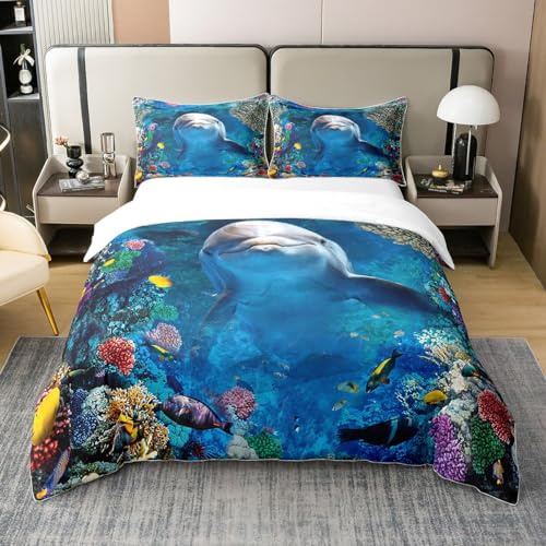 Loussiesd Delfin Bettbezug Set Ozean Marine Kreatur Bettwäsche Set 220x240cm 100% Baumwolle Für Kinder Jungen Mädchen Kinder hawaiisch SeaLeben Betten Set Weich Unterwasser Welt Dekor Reißverschluss