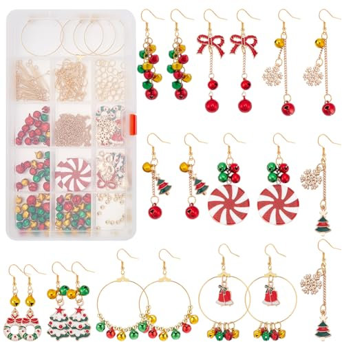 INFUNLY 1 Box DIY 10 Pair Christmas Bell Earrings Making Kit Christmas Snowflake Christmas Wreath Charm Pendants Christmas Tree Enamel Gold Charms for Jewellery Earring Making with Instruction