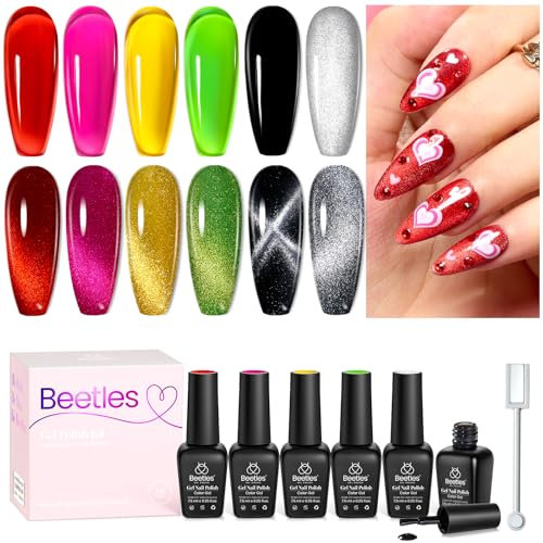 Beetles Halloween Gel Nail Polish Set, 6 Colours Silver Cat Eye Gel Polish Sheer Jelly Red Pink Yellow Green Black Neon Translucent Glitter Effect with Magnet Soak Off UV Manicure Gifts for Women