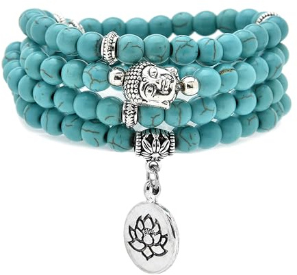 6 mm großes Armband aus 108 Mala-Perlen, Yoga-Zen-Halskette mit Buddha- und Lotus-Anhänger zum Beten (Grüner Türkis (Green Turquoise))