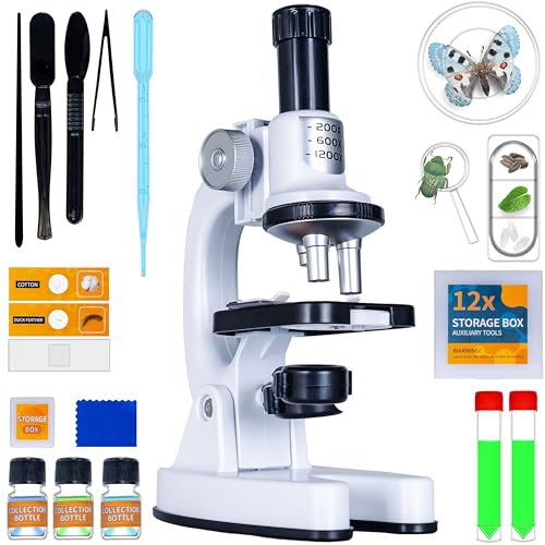 Silvergear® Mikroskop Set für Kinder | Mikroskop Erwachsene & Anfanger | mit 200x, 600x und 1200x Vergrößerung | Lernspielzeug | Biologie | 4 Farbfilter | Labor | inkl. 29 Zubehör | 14x8x22 cm | Weiß